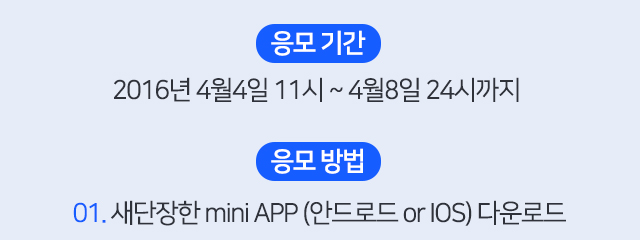 응모기간 2016년 4월4일 11시 ~ 4월8일 24시까지 응모방법 01. 새단장한 mini APP (안드로드 or IOS) 다운로드
