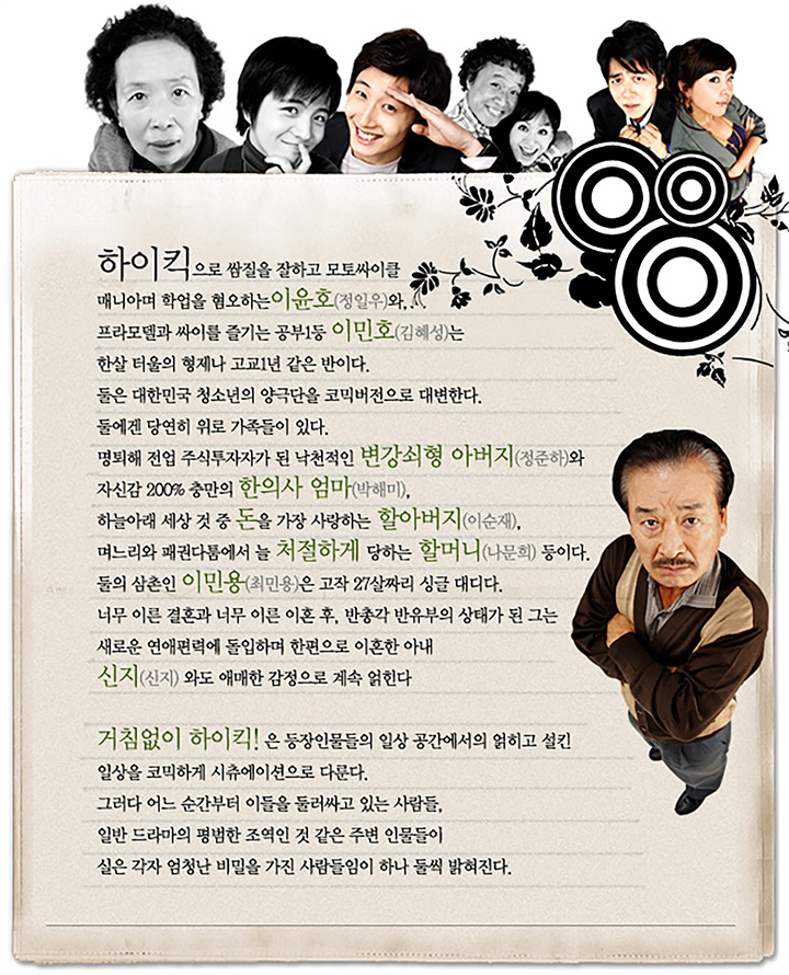 
하이킥으로 쌈질을 잘하고 모토싸이클
매니아며 학업을 혐오하는 이윤호(정일우)와,
프라모델과 싸이를 즐기는 공부1등 이민호(김혜성)는
한살 터울의 형제나 고교1년 같은 반이다.
둘은 대한민국 청소년의 양극단을 코믹버전으로 대변한다.
둘에겐 당연히 위로 가족들이 있다.
명퇴해 전업 주식투자자가 된 낙천적인 변강쇠형 아버지(정준하)와
자신감 200% 충만의 한의사 엄마(박해미),
하늘아래 세상 것 중 돈을 가장 사랑하는 할아버지(이순재),
며느리와 패권다툼에서 늘 처절하게 당하는 할머니(나문희) 등이다.
둘의 삼촌인 이민용(최민용)은 고작 27살짜리 싱글 대디다.
너무 이른 결혼과 너무 이른 이혼 후, 반총각 반유부의 상태가 된 그는
새로운 연애편력에 돌입하며 한편으로 이혼한 아내
신지(신지)와도 애매한 감정으로 계속 얽힌다
거침없이 하이킥!은 등장인물들의 일상 공간에서의 얽히고 설킨
일상을 코믹하게 시츄에이션으로 다룬다.
그러다 어느 순간부터 이들을 둘러싸고 있는 사람들,
일반 드라마의 평범한 조역인 것 같은 주변 인물들이
실은 각자 엄청난 비밀을 가진 사람들임이 하나 둘씩 밝혀진다.