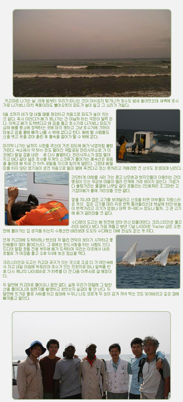 키고마로 나가는 날, 어제 밤부터 우리가 떠나는 것이 아쉬운지 탕가니카 호수도 밤새 울어댔는데 새벽에 호수가로 나가보니 마치 폭풍이라도 불어오듯이 파도가 높이 일고 그 소리가 거칠다.

 

6월 초까지 비가 많 내릴 때를 제외하고 처음으로 파도가 높이 치는 것 같다. 혹시 이러다가 배가 못나가는 건 아닐까 하는 걱정이 덜컥 든다. 이윽고 배가 도착했다고 해 짐을 들고 호수가로 나가보니 파도가 심해 배를 평소에 정박하는 곳에 대지 못하고 그냥 호수가에 가까이 대놓고 짐을 물에 빠져 나를 수 밖에 없다고 한다. 배에 탈 사람들도 신을 벗고 옷을 걷어 올린 후 물속을 걸어가 탈 수 밖에 없다.

 

마지막 나가는 날까지 시련을 겪는데 거친 파도에 배가 낙엽처럼 출렁거린다. 숙소에서 약 5Km 정도 떨어진 국립공원 관리사무소로 가 이곳에다 맡길 짐을 내린   후 다시 출발하다. 관리사무소가 점점 멀어지고 바다 같이 넓은 호수를 두개의 스크류가 돌아가는 쾌속선은 굉음을 울리며 배 뒤로 긴 하?h 포말을 지으며 힘차게 달린다. 그런데 배멀미를 하지 않던 염기원이 생전 처음으로 멀미 땜에 죽겠다고 정신 못차리고 카메라맨 전 상우도 끙끙대며 난리다.

 

간단하게 야채를 사러 가는 콩고 난민촌과 현지인들이 이용하는 간이 병원이 있는 무감보 마을이 멀리 안개에 가려 보이지 않는다. 가끔가다 출렁거리는 물결에 나뭇잎 같이 흔들리는 2인용짜리 조그마한 고기잡이배가 물에 가리앉을 것만 같다.  

 

옆을 지나며 잡은 고기를 보여달라고 신호을 하면 어부들이 자랑스러운 듯이  잡은 고기를 머리 위로 번쩍 들어올리는데 햇살에 하얀 비늘이 번쩍거리고 크기가 엄청나 대략 70~80Cm 정도나 될까. 그 큰 고기에 배가 갈라앉을 것 같다.

 

수다쟁이 도고는 배 뒷전에 앉아 연신 떠들어댄다. 크리스티안은 물끄러미 바라다 보다 가끔 껴들고 방년 17살 나이어린 Tracker 삼은 오랜만에 돌아가는 집 생각을 하는지 수평선만 바라보며 도도의 수다에는 아예 관심도 없는 듯 하다.

 

언제 키고마에 도착하려나 했는데 저 멀리 언덕이 보이기 시작하고 돛단배들이 많이 돌아다닌다. 그 중에는 윈드서핑을 하는 사람도 있다. 드디어 힐탑 호텔 전용 부두에 배가 도착하여 우리는 이곳에서 내려 호텔로 가 여장을 풀고 오후 5시에 늦은 점심을 먹다.

 

크리스티안과 도고는 키고마 포구가 있는 곳으로 조금 더 가 여인숙에서 자고 내일 아침에 빅토리아 호수가 있는 므완자로 떠나 일박을 한후 다시 케냐의 나이로비로 가 하루를 더 잔 다음 아루샤로 갈 예정이다.

 

두 달만에 키고마로 돌아오니 꿈만 같다. 실제 우리가 마할레 그 험한 산을 돌아다니며 침팬지를 촬영하고 왔었는지 실감이 통 안 난다. 두 달만에 뜨거운 물로 샤워를 하고 침대에 누우니 나도 모르게 두 눈이 감겨 저녁 먹는 것도 잊어버리고 깊은 잠에 빠져들고 말았다.