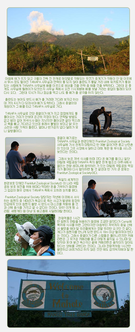  아침에 해가 뜨지 않고 구름이 잔뜩 낀 관계로 태양열로 작동되는 무전기 중계기가 작동이 안 돼 이곳에서 5Km 정도 떨어진 TANAPA 사무실과 연락이 통 되지 않아 올란도가 통달 거리 내에 워키토키가 통화 되는 사람에게 TANAPA 사무실에 배를 이곳으로 보내줄 것을 연락 좀 해줄 것을 부탁하다. 그런데 운 좋게도 사무실에 릴레이가 되었는지 사무실 쪽에서 오전 11시30분에 배를 보낼 거라는 응답이 릴레이 되어 다시 오다.  그런데 12시가 지나 점심을 먹고 나도 통 배가 올 생각을 하지 않는다.

 

 올란도는 늦어도 반드시 배가 올 거라며 기다려 보자고 하는데 거의 4시가 다 되어서야 배가 도착하다. 그래서 종열이와 채원이가 그 배를 타고 TANAPA 사무실로 가다.

 

 TANAPA 사무실로 갔던 종열이가 해가 지고 깜깜해져도 통 돌아오는 기미가 안보여 은근히 걱정이 된다. 연락할 방법도 없고 밤이 깊어 저녁식사 때는 지났지만 돌아오면 같이 먹으려고 목을 빼고 기다리고 있는데 후레쉬 불빛이 보이고 닭 우는 소리와 사람 기척이 들린다. 얼마나 반가운지 냅다 달려가 보니 일행들이다.

 

종열이 얘기로는TANAPA 사무실과 환경단체인 Frankfurt Zoological Society 사무실에 가서 관계자 미팅하고 한 30분 걸어가면 콩고 난민촌이 있는데 그곳 시장에서 닭하고 야채 계란 등 부식을 사느라 늦었다는 것이다.

 

 그래서 늦은 저녁 식사를 하며 갔다 온 얘기를 들으니 일단 마할레 국립공원TANAPA 쪽의 촬영 관계 협조는 아루샤에서 열리는 관광 세미나에 참석하러 가 있는 마할레 국립공원 책임자가 돌아와 다시 협의하면 될 것 같은데 한 가지 큰 문제는 Frankfurt Zoological Society이다.

 

 독일의 세계적인 환경보호 단체인 Frankfurt Zoological Society는 이 나라 국립공원 보호 보전을 위해 해마다 막대한 돈을 기부하기 때문에 그 입김이 매우 강해서 TANAPA 쪽에서 오히려 눈치를 본다.

 

 Frankfurt Zoological Society 담당자는 작년에 이곳에서 서식하는 침팬지 중 14마리가 독감으로 죽는 사고가 발생해 굉장히 민감해져 있어 침팬지 촬영 시 반드시 마스크를 착용해 줄 것과 산에 음식을 가지고 갈 수 없다는 것이다. 와우! 이게 뭔 소리람. 세렝게티 때 마냥 또 배고픔에 시달려야할 판이다.

 

 관광객들은 1시간만 침팬지 관람을 허용하기 때문에 조금만 참았다가 Camp에 복귀해 식사를 하면 그만이지만 아침부터 저녁까지 종일 산에서 촬영을 해야 할 우리들에게는 정말 무리한 요구인 것 같다. 게다가 침팬지를 만나게 되면 반드시 10m 이상 떨어져야 한다는 것이다. 그래서 종열이가 다른 스텝들은 물러나겠지만 카메라맨은 그 무거운 카메라를 들고 어떻게 움직일 수 있냐며 담당자와 30 여 분간 옥신각신 끝에 카메라맨은 움직이지 않아도 된다는 양해를 구했다는 것이다. 그나마 관광객처럼 1시간만 촬영하고 내려가라고 하지 않은 것만 해도 감지덕지해야 할 판이다.
