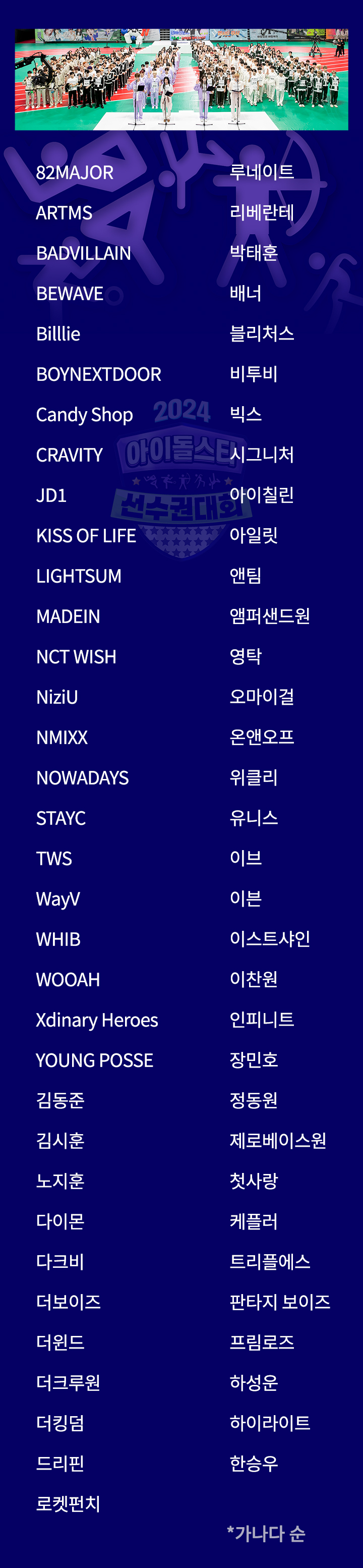 82MAJOR
ARTMS
BADVILLAIN
BEWAVE
Billlie
BOYNEXTDOOR
Candy Shop
CRAVITY
JD1
KISS OF LIFE
LIGHTSUM
MADEIN
NCT WISH
NiziU
NMIXX
NOWADAYS
STAYC
TWS
WayV
WHIB
WOOAH
Xdinary Heroes
YOUNG POSSE
김동준
김시훈
노지훈
다이몬
다크비
더보이즈
더윈드
더크루원
더킹덤
드리핀
로켓펀치
루네이트
리베란테
박태훈
배너
블리처스
비투비
빅스
시그니처 
아이칠린
아일릿
앤팀
앰퍼샌드원
영탁
오마이걸
온앤오프
위클리
유니스
이브
이븐 
이스트샤인
이찬원
인피니트
장민호
정동원
제로베이스원
첫사랑
케플러
트리플에스
판타지 보이즈
프림로즈
하성운
하이라이트
한승우